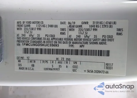2019 Ford Escape Se from USA, damaged, VIN 1FMCU9GD5KUC35693